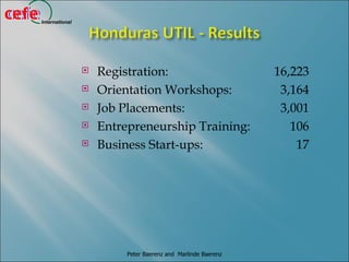 cefe
cefe   International




                          Registration:                             16,223
                          Orientation Workshops:                     3,164
                          Job Placements:                            3,001
                          Entrepreneurship Training:                   106
                          Business Start-ups:                           17




                                Peter Baerenz and Marlinde Baerenz
 