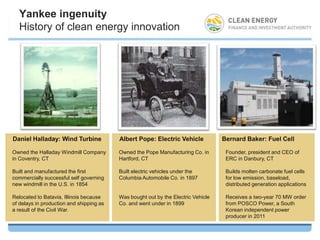 Yankee ingenuity
  History of clean energy innovation




Daniel Halladay: Wind Turbine             Albert Pope: Electric Vehicle            Bernard Baker: Fuel Cell

Owned the Halladay Windmill Company       Owned the Pope Manufacturing Co. in       Founder, president and CEO of
in Coventry, CT                           Hartford, CT                              ERC in Danbury, CT

Built and manufactured the first          Built electric vehicles under the         Builds molten carbonate fuel cells
commercially successful self governing    Columbia Automobile Co. in 1897           for low emission, baseload,
new windmill in the U.S. in 1854                                                    distributed generation applications

Relocated to Batavia, Illinois because    Was bought out by the Electric Vehicle    Receives a two-year 70 MW order
of delays in production and shipping as   Co. and went under in 1899                from POSCO Power, a South
a result of the Civil War.                                                          Korean independent power
                                                                                    producer in 2011
 