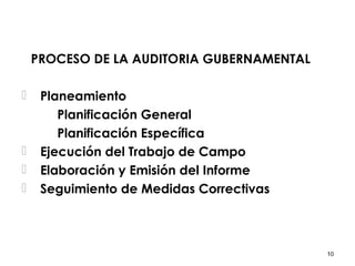 10
PROCESO DE LA AUDITORIA GUBERNAMENTAL
 Planeamiento
Planificación General
Planificación Específica
 Ejecución del Trabajo de Campo
 Elaboración y Emisión del Informe
 Seguimiento de Medidas Correctivas
 