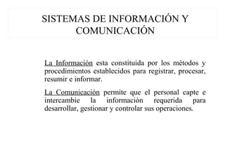 SISTEMAS DE INFORMACIÓN Y
COMUNICACIÓN
La Información esta constituida por los métodos y
procedimientos establecidos para registrar, procesar,
resumir e informar.
La Comunicación permite que el personal capte e
intercambie la información requerida para
desarrollar, gestionar y controlar sus operaciones.
 
