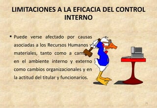 LIMITACIONES A LA EFICACIA DEL CONTROL
               INTERNO

 Puede verse afectado por causas
 asociadas a los Recursos Humanos y
 materiales, tanto como a cambios
 en el ambiente interno y externo
 como cambios organizacionales y en
 la actitud del titular y funcionarios.



                                          29
 