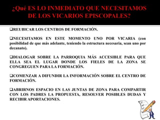 REUBICAR LOS CENTROS DE FORMACIÓN.

NECESITAMOS EN ESTE MOMENTO UNO POR VICARIA (con
posibilidad de que más adelante, teniendo la estructura necesaria, sean uno por
decanato).

DIALOGAR SOBRE LA PARROQUIA MÁS ACCESIBLE PARA QUE
ELLA SEA EL LUGAR DONDE LOS FIELES DE LA ZONA SE
CONGREGUEN PARA LA FORMACIÓN.

COMENZAR A DIFUNDIR LA INFORMACIÓN SOBRE EL CENTRO DE
FORMACIÓN.

ABRIRNOS ESPACIO EN LAS JUNTAS DE ZONA PARA COMPARTIR
CON LOS PADRES LA PROPUESTA, RESOLVER POSIBLES DUDAS Y
RECIBIR APORTACIONES.
 
