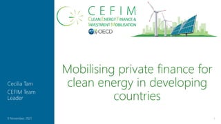 Mobilising private finance for
clean energy in developing
countries
1
9 November, 2021
Cecilia Tam
CEFIM Team
Leader
 