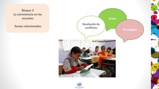 Bloque 3
La convivencia en las
escuelas
Temas relacionados
Acoso
Tecnologías
Resolución de
conflictos
 