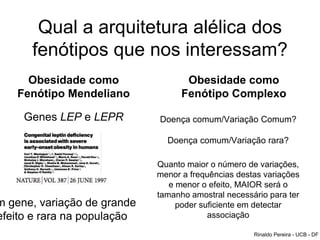 Qual a arquitetura alélica dos
fenótipos que nos interessam?
Obesidade como
Fenótipo Mendeliano
Obesidade como
Fenótipo Complexo
Genes LEP e LEPR
m gene, variação de grande
efeito e rara na população
Doença comum/Variação Comum?
Doença comum/Variação rara?
Quanto maior o número de variações,
menor a frequências destas variações
e menor o efeito, MAIOR será o
tamanho amostral necessário para ter
poder suficiente em detectar
associação
Rinaldo Pereira - UCB - DF
 