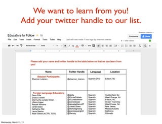We want to learn from you!
                    Add your twitter handle to our list.




Wednesday, March 13, 13
 