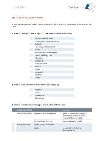 [CEF-ESTIM] Text level 11l
SECTION B: Text level estimate
In this section you will record useful information about the text dimensions in relation to the
CEFR.
1. What is the topic (CEFR, 4.2 p. 52)? Tick more than one if necessary.
Personal identiﬁcation
House and home environment
Daily life
Free time, entertainment
Travel
Relations with other people
Health and body care
Education
Shopping
Food and drink
Services
Places
Language
Weather
Other:
2. What is the domain? Tick more than one if necessary.
Personal
Public
Professional
Educational
3. What is the main discourse type? Please select only one box.
DISCOURSE TYPES Examples
Mainly descriptive impressionistic descriptions sports commentaries, physical
appearance, layout of room,
house, landscape, places
technical descriptions presentation of a product
Mainly narrative stories, jokes, anecdotes
reports news reports, features,
documentaries
s
 