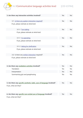 [CEF-ESTIM]Communicative language activities level16 l
3. Are there any interaction activities involved? Yes No
3-1 Is there any spoken interaction required? Yes No
If yes, please estimate at what level:
3-1-1 Turn-taking Yes No
If yes, please estimate at what level:
3-1-1 Co-operating Yes No
If yes, please estimate at what level:
3-1-3 Asking for clariﬁcation Yes No
If yes, please estimate at what level:
3-2 Is there any written interaction required? Yes No
If yes, please estimate at what level:
4. Are there any mediation activities involved? Yes No
Translation Yes No
Interpretation Yes No
Summarising gist and paraphrasing Yes No
5. Are there any speciﬁc aesthetic, ludic, uses of language involved? Yes No
If yes, what are they?
6. Are there any speciﬁc non-verbal uses of language involved? Yes No
If yes, what are they?
Please select
s
s
s
s
s
s
Please select
Please select
Please select
Please select
s
s
s
s
s
s
 