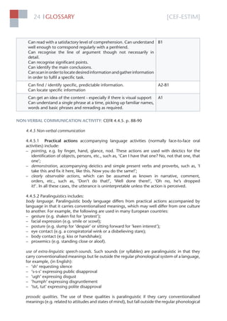[CEF-ESTIM]GLOSSARY24 l
Can read with a satisfactory level of comprehension. Can understand
well enough to correspond regularly with a penfriend.
Can recognise the line of argument though not necessarily in
detail.
Can recognise signiﬁcant points.
Can identify the main conclusions.
Canscaninordertolocatedesiredinformationandgatherinformation
in order to fulﬁl a speciﬁc task.
B1
Can ﬁnd / identify speciﬁc, predictable information.
Can locate speciﬁc information
A2-B1
Can get an idea of the content - especially if there is visual support
Can understand a single phrase at a time, picking up familiar names,
words and basic phrases and rereading as required.
A1
NON-VERBAL COMMUNICATION ACTIVITY: CEFR 4.4.5. p. 88-90
4.4.5 Non-verbal communication
4.4.5.1 Practical actions accompanying language activities (normally face-to-face oral
activities) include:
– pointing, e.g. by ﬁnger, hand, glance, nod. These actions are used with deictics for the
identiﬁcation of objects, persons, etc., such as, ‘Can I have that one? No, not that one, that
one’;
– demonstration, accompanying deictics and simple present verbs and proverbs, such as, ‘I
take this and ﬁx it here, like this. Now you do the same!’;
– clearly observable actions, which can be assumed as known in narrative, comment,
orders, etc., such as, ‘Don’t do that!’, ‘Well done there!’, ‘Oh no, he’s dropped
it!’. In all these cases, the utterance is uninterpretable unless the action is perceived.
4.4.5.2 Paralinguistics includes:
body language. Paralinguistic body language differs from practical actions accompanied by
language in that it carries conventionalised meanings, which may well differ from one culture
to another. For example, the following are used in many European countries:
– gesture (e.g. shaken ﬁst for ‘protest’);
– facial expression (e.g. smile or scowl);
– posture (e.g. slump for ‘despair’ or sitting forward for ‘keen interest’);
– eye contact (e.g. a conspiratorial wink or a disbelieving stare);
– body contact (e.g. kiss or handshake);
– proxemics (e.g. standing close or aloof).
use of extra-linguistic speech-sounds. Such sounds (or syllables) are paralinguistic in that they
carry conventionalised meanings but lie outside the regular phonological system of a language,
for example, (in English):
– ‘sh’ requesting silence
– ‘s-s-s’ expressing public disapproval
– ‘ugh’ expressing disgust
– ‘humph’ expressing disgruntlement
– ‘tut, tut’ expressing polite disapproval
prosodic qualities. The use of these qualities is paralinguistic if they carry conventionalised
meanings (e.g. related to attitudes and states of mind), but fall outside the regular phonological
 