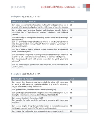 [CEF-ESTIM] CEFR DESCRIPTORS, Section D 39l
Descriptor 3-4 (CEFR 5.2.3.1. p. 125)
COHERENCE AND COHESION Level
Can create coherent and cohesive text making full and appropriate use of
a variety of organisational patterns and a wide range of cohesive devices.
C2
Can produce clear, smoothly ﬂowing, well-structured speech, showing
controlled use of organisational patterns, connectors and cohesive
devices.
C1
Can use a variety of linking words efﬁciently to mark clearly the relationships
between ideas.
Can use a limited number of cohesive devices to link his/her utterances
into clear, coherent discourse, though there may be some „jumpiness“ in
a long contribution.
B2
Can link a series of shorter, discrete simple elements into a connected,
linear sequence of points.
B1
Can use the most frequently occurring connectors to link simple sentences
in order to tell a story or describe something as a simple list of points.
Can link groups of words with simple connectors like „and, „but“ and
„because“.
A2
Can link words or groups of words with very basic linear connectors like
‚and‘ or ‚then‘.
A1
Descriptor 3-5 (CEFR 5.2.3.2. p. 129)
PROPOSITIONAL PRECISION Level
Can convey ﬁner shades of meaning precisely by using, with reasonable
accuracy, a wide range of qualifying devices (e.g. adverbs expressing
degree, clauses expressing limitations).
C2
Can give emphasis, differentiate and eliminate ambiguity. C1
Can qualify opinions and statements precisely in relation to degrees of, for
example, certainty/ uncertainty, belief/doubt, likelihood etc.
B2
Can pass on detailed information reliably
Can explain the main points in an idea or problem with reasonable
precision.
B1
Can convey simple, straightforward information of immediate relevance,
getting across which point he/she feels is most important.
A2
Can express the main point he/she wants to make comprehensibly. A1
 