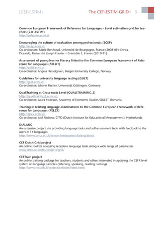 [CEF-ESTIM] The CEF-ESTIM GRID 5l
Common European Framework of Reference for Languages – Level estimation grid for tea-
chers (CEF-ESTIM)
http://cefestim.ecml.at
Encouraging the culture of evaluation among professionals (ECEP)
http://ecep.ecml.at
Co-ordinators: Marie Berchoud, Université de Bourgogne, France (2008-09); Enrica
Piccardo, Université Joseph Fourier – Grenoble 1, France (2010-11)
Assessment of young learner literacy linked to the Common European Framework of Refe-
rence for Languages (AYLLIT)
http://ayllit.ecml.at
Co-ordinator: Angela Hasselgreen, Bergen University College, Norway
Guidelines for university language testing (GULT)
http://gult.ecml.at
Co-ordinator: Johann Fischer, Universität Göttingen, Germany
QualiTraining at Grass-roots Level (QUALITRAINING 2)
http://qualitraining2.ecml.at
Co-ordinator: Laura Muresan, Academy of Economic Studies/QUEST, Romania
Training in relating language examinations to the Common European Framework of Refe-
rence for Languages (RELEX)
http://relex.ecml.at
Co-ordinator: José Noijons, CITO (Dutch Institute for Educational Measurement), Netherlands
DIALANG
An extensive project site providing language tasks and self-assessment tools with feedback to the
users in 14 languages.
http://www.lancs.ac.uk/researchenterprise/dialang/about
CEF Dutch Grid project
An online tool for analysing receptive language tasks along a wide range of parameters
www.lancs.ac.uk/fss/projects/grid/
CEFTrain project
An online training package for teachers, students and others interested in applying the CEFR level
system on language samples (listening, speaking, reading, writing)
http://www.helsinki.ﬁ/project/ceftrain/index.html
 