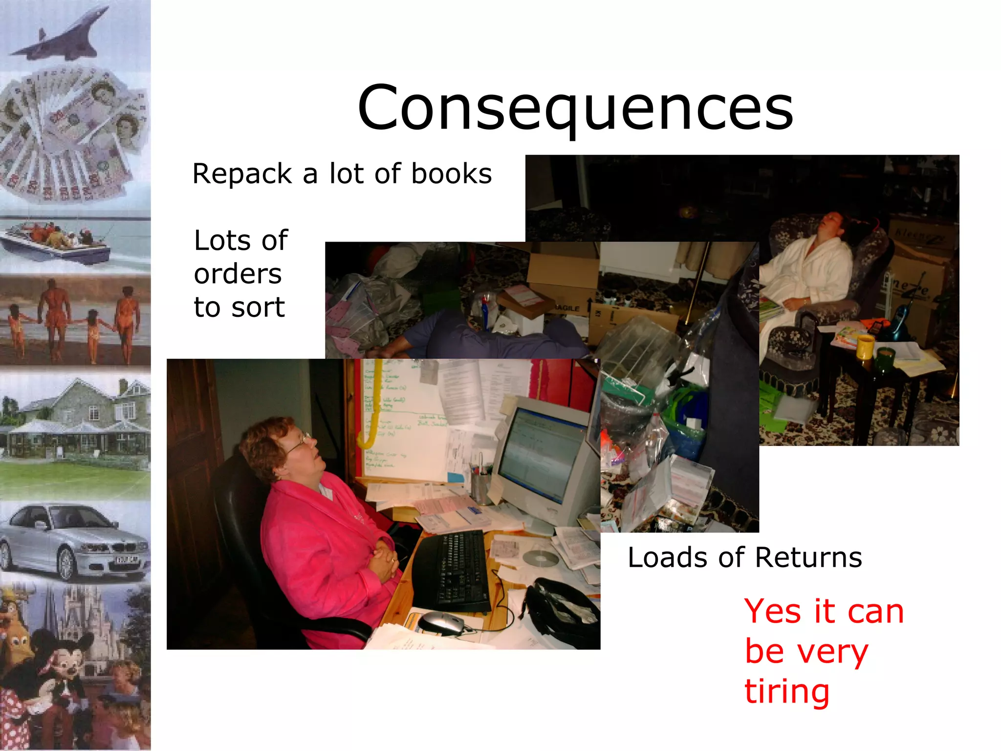 Consequences
Repack a lot of books
Lots of
orders
to sort

Loads of Returns

Yes it can
be very
tiring

 