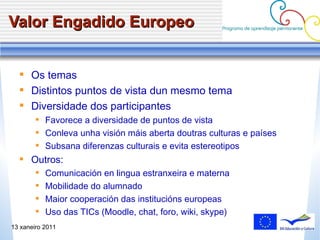 Valor Engadido Europeo Os temas Distintos puntos de vista dun mesmo tema Diversidade dos participantes Favorece a diversidade de puntos de vista Conleva unha visión máis aberta doutras culturas e países Subsana diferenzas culturais e evita estereotipos Outros: Comunicaci ón en lingua estranxeira e materna Mobilidade do alumnado Maior cooperaci ón das institucións europeas Uso das TICs (Moodle, chat, foro, wiki, skype) 13 xaneiro 2011 