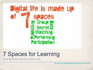 7 Spaces for Learning
Ewan McIntosh, (based on Matt Locke)
                                       http://notosh.com/lab/learning-spaces-3-the-seven-spaces/
 