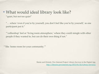 ✤   What would ideal library look like?
    “quiet, but not too quiet”

    “. . .where ‘even if you’re by yourself, you don’t feel like you’re by yourself,’ as one
    participant put it.”

    “‘coffeeshop’ feel or ‘living room atmosphere,’ where they could mingle with other
    people if they wanted to, but can do their own thing if not.”



“‘like home room for your community.’”




                                   Rainie and Zickuhr. Pew Internet Project: Library Services in the Digital Age.
                                               http://libraries.pewinternet.org/2013/01/22/Library-services/
 