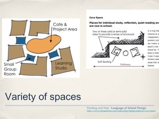 Variety of spaces
                    Fielding and Nair. Language of School Design
                    http://www.designshare.com/index.php/design-patterns/cave-space
 