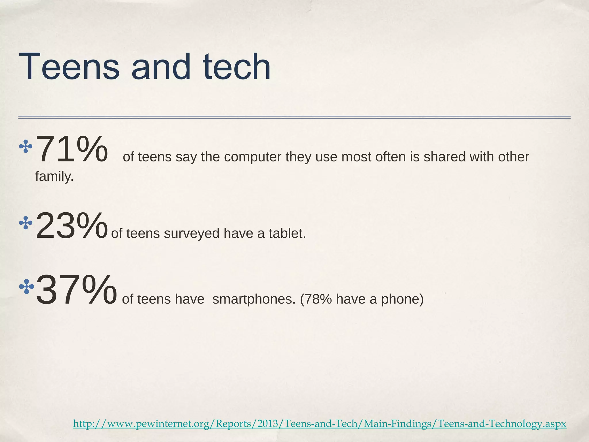 Teens and tech

✤   71%            of teens say the computer they use most often is shared with other
    family.


✤   23%          of teens surveyed have a tablet.



✤   37%            of teens have smartphones. (78% have a phone)




          http://www.pewinternet.org/Reports/2013/Teens-and-Tech/Main-Findings/Teens-and-Technology.aspx
 