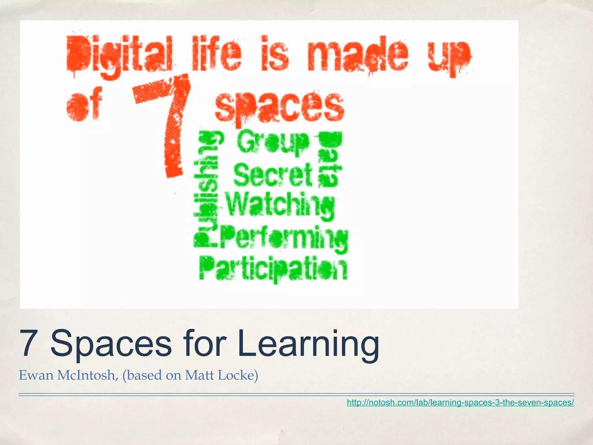 7 Spaces for Learning
Ewan McIntosh, (based on Matt Locke)
                                       http://notosh.com/lab/learning-spaces-3-the-seven-spaces/
 