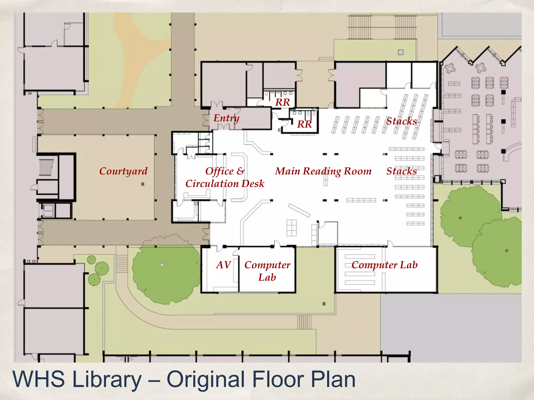 RR
                         Entry                             Stacks
                                            RR



        Courtyard       Office &       Main Reading Room   Stacks
                    Circulation Desk




                          AV     Computer           Computer Lab
                                   Lab




WHS Library – Original Floor Plan
 