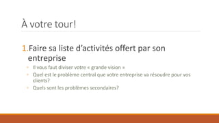 À votre tour!
1.Faire sa liste d’activités offert par son
entreprise
◦ Il vous faut diviser votre « grande vision »
◦ Quel est le problème central que votre entreprise va résoudre pour vos
clients?
◦ Quels sont les problèmes secondaires?

 