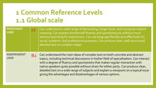 1 Common Reference Levels
1.1 Global scale
PROFICIENT
USER
c1 Can understand a wide range of demanding, longer texts, and recognise implicit
meaning. Can express him/herself fluently and spontaneously without much
obvious searching for expressions. Can use language flexibly and effectively for
social, academic and professional purposes. Can produce clear, well-structured,
detailed text on complex subjec
INDEPENDENT
USER
B2 Can understand the main ideas of complex text on both concrete and abstract
topics, including technical discussions in his/her field of specialisation. Can interact
with a degree of fluency and spontaneity that makes regular interaction with
native speakers quite possible without strain for either party. Can produce clear,
detailed text on a wide range of subjects and explain a viewpoint on a topical issue
giving the advantages and disadvantages of various options.
 