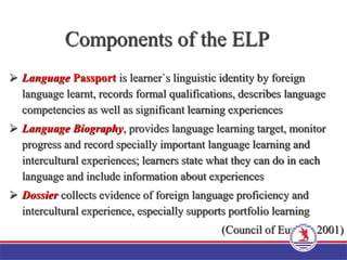 Components of the ELP
 Language Passport is learner`s linguistic identity by foreign
language learnt, records formal qualifications, describes language
competencies as well as significant learning experiences
 Language Biography, provides language learning target, monitor
progress and record specially important language learning and
intercultural experiences; learners state what they can do in each
language and include information about experiences
 Dossier collects evidence of foreign language proficiency and
intercultural experience, especially supports portfolio learning
(Council of Europe, 2001)
 