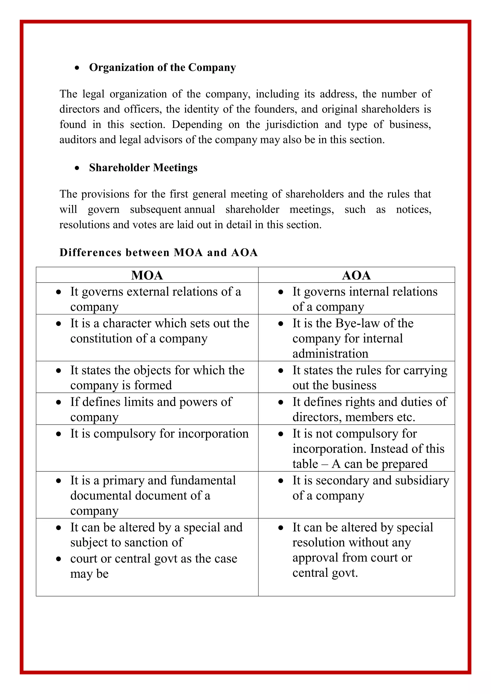  Organization of the Company
The legal organization of the company, including its address, the number of
directors and officers, the identity of the founders, and original shareholders is
found in this section. Depending on the jurisdiction and type of business,
auditors and legal advisors of the company may also be in this section.
 Shareholder Meetings
The provisions for the first general meeting of shareholders and the rules that
will govern subsequent annual shareholder meetings, such as notices,
resolutions and votes are laid out in detail in this section.
Differences between MOA and AOA
MOA AOA
 It governs external relations of a
company
 It governs internal relations
of a company
 It is a character which sets out the
constitution of a company
 It is the Bye-law of the
company for internal
administration
 It states the objects for which the
company is formed
 It states the rules for carrying
out the business
 If defines limits and powers of
company
 It defines rights and duties of
directors, members etc.
 It is compulsory for incorporation  It is not compulsory for
incorporation. Instead of this
table – A can be prepared
 It is a primary and fundamental
documental document of a
company
 It is secondary and subsidiary
of a company
 It can be altered by a special and
subject to sanction of
 court or central govt as the case
may be
 It can be altered by special
resolution without any
approval from court or
central govt.
 