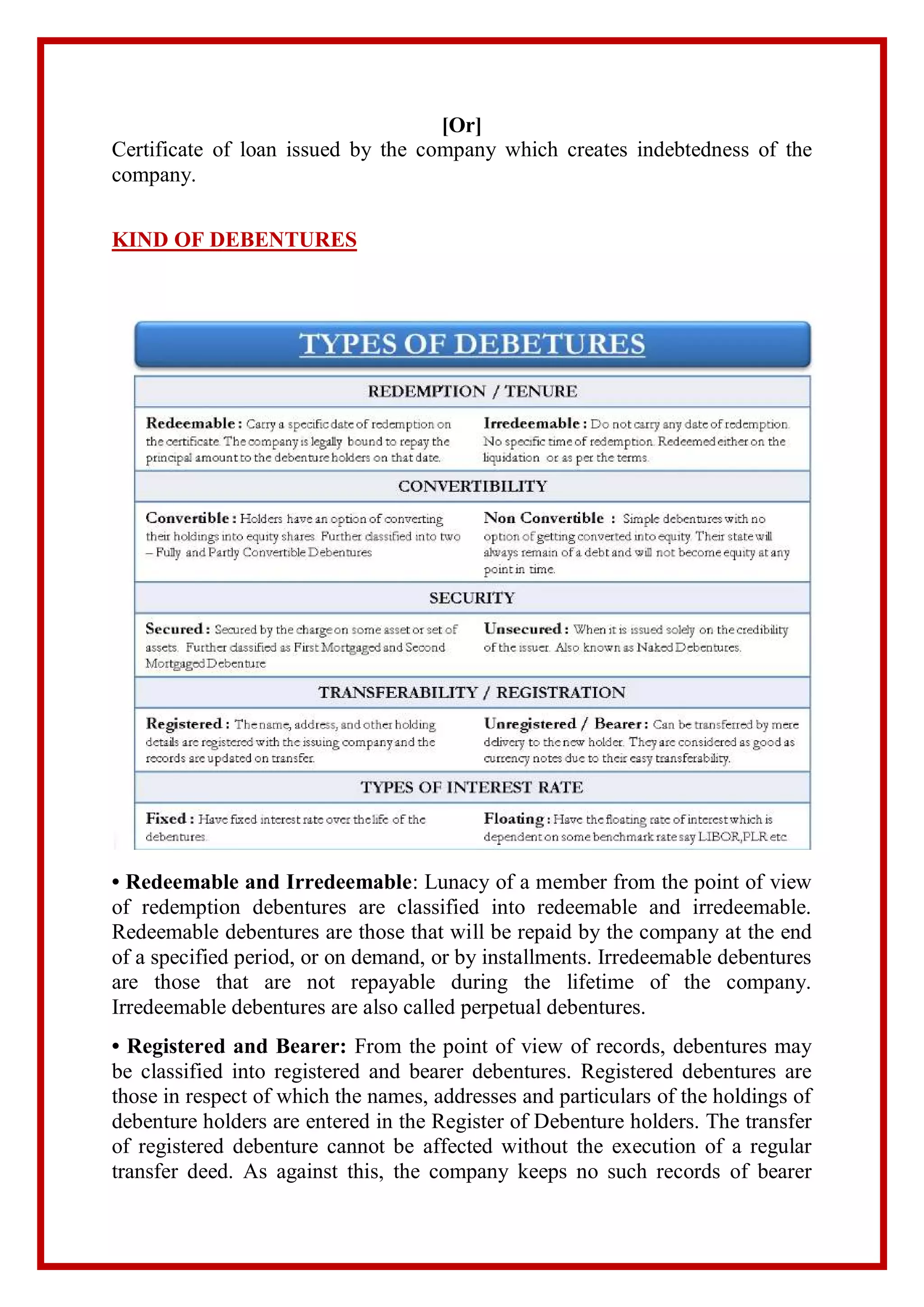 [Or]
Certificate of loan issued by the company which creates indebtedness of the
company.
KIND OF DEBENTURES
• Redeemable and Irredeemable: Lunacy of a member from the point of view
of redemption debentures are classified into redeemable and irredeemable.
Redeemable debentures are those that will be repaid by the company at the end
of a specified period, or on demand, or by installments. Irredeemable debentures
are those that are not repayable during the lifetime of the company.
Irredeemable debentures are also called perpetual debentures.
• Registered and Bearer: From the point of view of records, debentures may
be classified into registered and bearer debentures. Registered debentures are
those in respect of which the names, addresses and particulars of the holdings of
debenture holders are entered in the Register of Debenture holders. The transfer
of registered debenture cannot be affected without the execution of a regular
transfer deed. As against this, the company keeps no such records of bearer
 