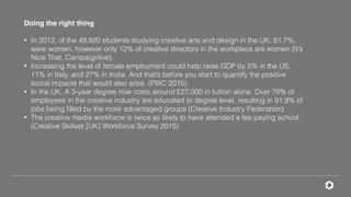 Doing the right thing 
• In 2013, of the 49,920 students studying creative arts and design in the UK, 61.7%,
were women, however only 12% of creative directors in the workplace are women (It’s
Nice That, Campaignlive).
• Increasing the level of female employment could help raise GDP by 5% in the US,
11% in Italy, and 27% in India. And that’s before you start to quantify the positive
social impacts that would also arise. (PWC 2015)
• In the UK, A 3-year degree now costs around £27,000 in tuition alone. Over 78% of
employees in the creative industry are educated to degree level, resulting in 91.9% of
jobs being ﬁlled by the more advantaged groups (Creative Industry Federation).
• The creative media workforce is twice as likely to have attended a fee paying school.
(Creative Skillset [UK] Workforce Survey 2015)
 