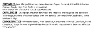 OBSTACLES- Low Margin ( Revenue), More Complex Supply Network, Critical Distribution
Channel,Roads, High Cost, Profit is very critical
SOLUTION FOR THIS SITUATION IS SCALE & VOLUME IN SALES
CHALLENGES – Changing Consumer Behaviour and Products are designed and delivered
accordingly, Markets are widely spread with low density, Low innovative Capabilities, Time
involved is high
OPPORTUNITIES – Unmeets Needs, Price Sensitive, Consumers are Valus Conscious, Brand
Conscious, Scope for new improved distribution Channels, Innovative 4’s, Best cost effective
TECHNOLOGY.
 