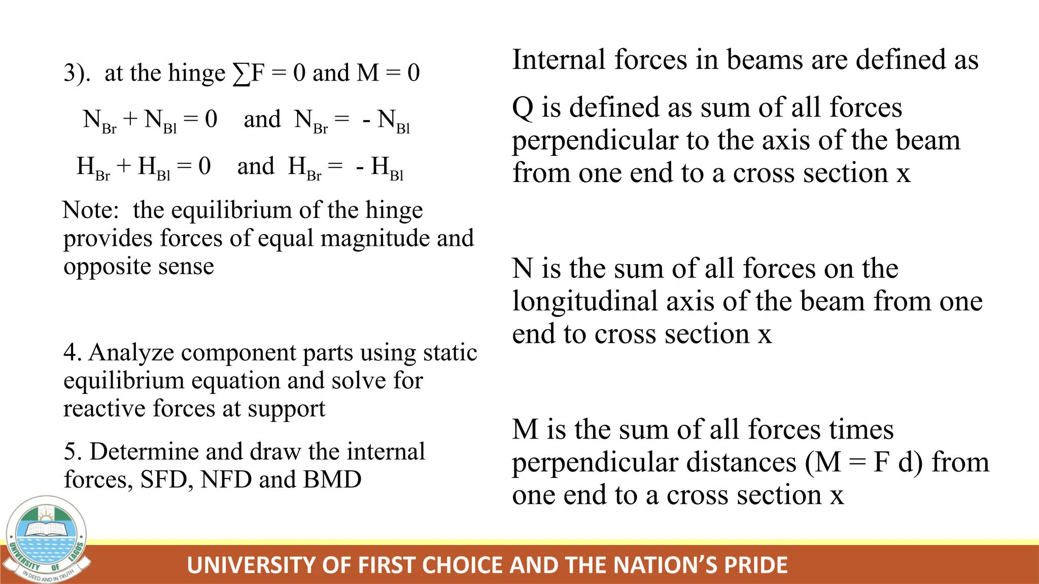 3). at the hinge ∑F = 0 and M = 0
NBr + NBl = 0 and NBr = - NBl
HBr + HBl = 0 and HBr = - HBl
Note: the equilibrium of the hinge
provides forces of equal magnitude and
opposite sense
4. Analyze component parts using static
equilibrium equation and solve for
reactive forces at support
5. Determine and draw the internal
forces, SFD, NFD and BMD
Internal forces in beams are defined as
Q is defined as sum of all forces
perpendicular to the axis of the beam
from one end to a cross section x
N is the sum of all forces on the
longitudinal axis of the beam from one
end to cross section x
M is the sum of all forces times
perpendicular distances (M = F d) from
one end to a cross section x
 