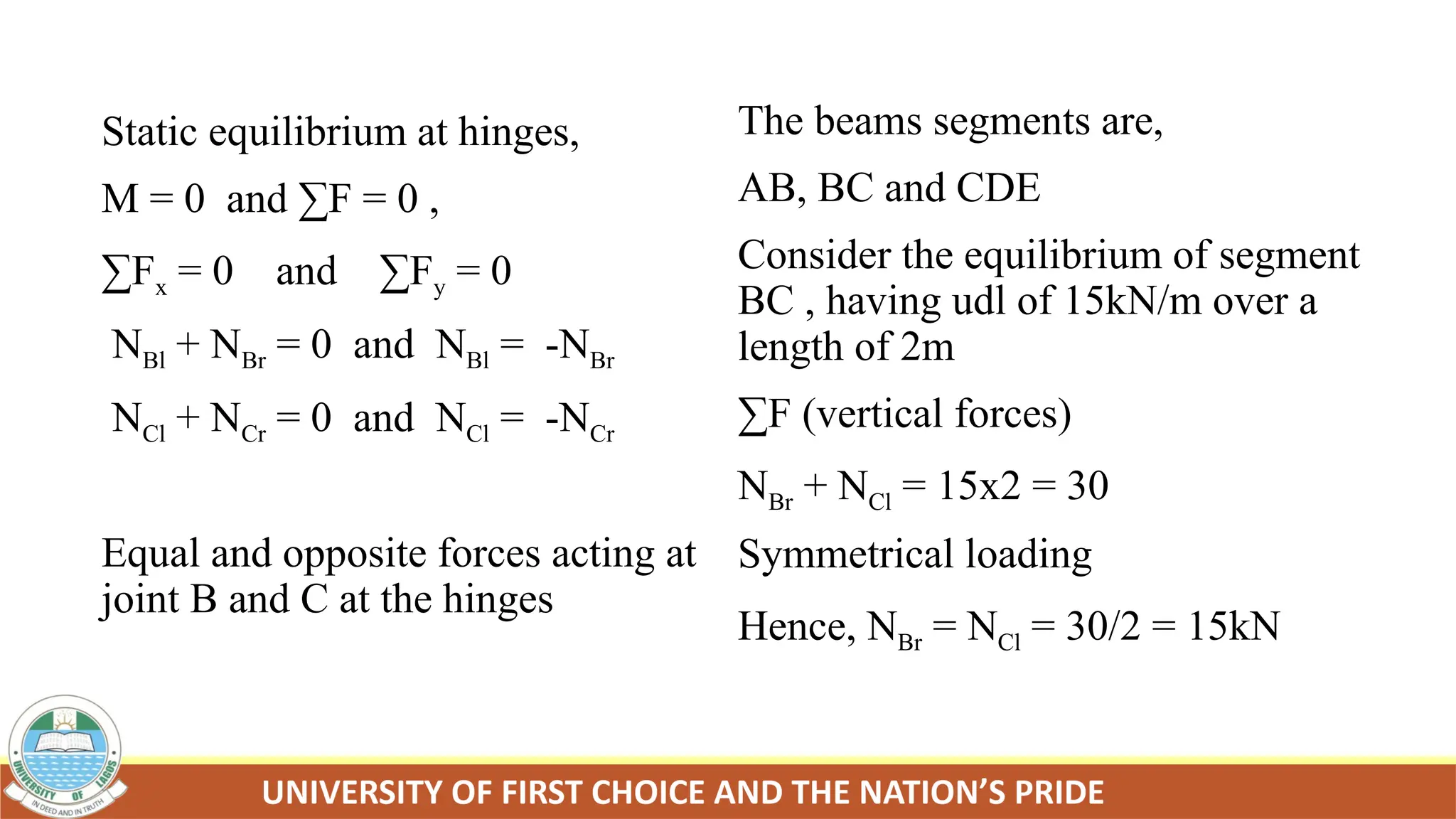 Static equilibrium at hinges,
M = 0 and ∑F = 0 ,
∑Fx = 0 and ∑Fy = 0
NBl + NBr = 0 and NBl = -NBr
NCl + NCr = 0 and NCl = -NCr
Equal and opposite forces acting at
joint B and C at the hinges
The beams segments are,
AB, BC and CDE
Consider the equilibrium of segment
BC , having udl of 15kN/m over a
length of 2m
∑F (vertical forces)
NBr + NCl = 15x2 = 30
Symmetrical loading
Hence, NBr = NCl = 30/2 = 15kN
 
