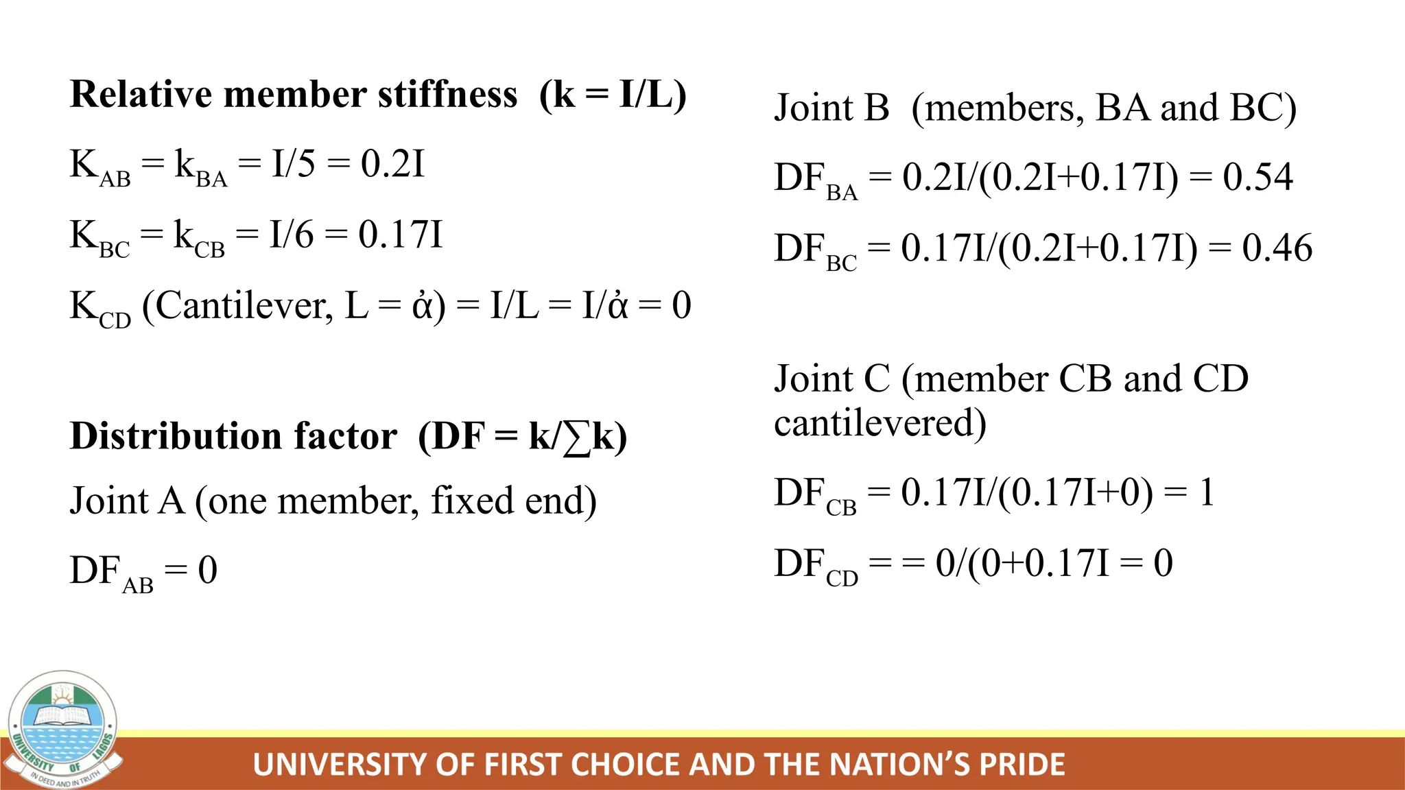 Relative member stiffness (k = I/L)
KAB = kBA = I/5 = 0.2I
KBC = kCB = I/6 = 0.17I
KCD (Cantilever, L = ) = I/L = I/ = 0
ἀ ἀ
Distribution factor (DF = k/∑k)
Joint A (one member, fixed end)
DFAB = 0
Joint B (members, BA and BC)
DFBA = 0.2I/(0.2I+0.17I) = 0.54
DFBC = 0.17I/(0.2I+0.17I) = 0.46
Joint C (member CB and CD
cantilevered)
DFCB = 0.17I/(0.17I+0) = 1
DFCD = = 0/(0+0.17I = 0
 