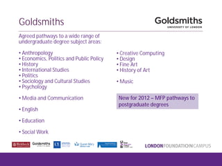 Goldsmiths
Agreed pathways to a wide range of
undergraduate degree subject areas:
• Anthropology
• Economics, Politics and Public Policy
• History
• International Studies
• Politics
• Sociology and Cultural Studies
• Psychology
• Media and Communication
• English
• Education
• Social Work
• Creative Computing
• Design
• Fine Art
• History of Art
• Music
New for 2012 – MFP pathways to
postgraduate degrees
 