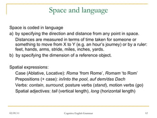Space and language Space is coded in language a)  by specifying the direction and distance from any point in space. Distances are measured in terms of time taken for someone or something to move from X to Y (e.g. an hour’s journey) or by a ruler: feet, hands, arms, stride, miles, inches, yards.  b)  by specifying the dimension of a reference object.  Spatial expressions:  Case (Ablative, Locative):  Roma  ‘from Rome’,  Romam  ‘to Rom’ Prepositions (+ case):  in/into the pool ,  auf dem/das Dach Verbs:  contain ,  surround ,   posture verbs ( stand ), motion verbs ( go ) Spatial adjectives:  tall  (vertical length),  long  (horizontal length) 02/09/11 Cognitive English Grammar 