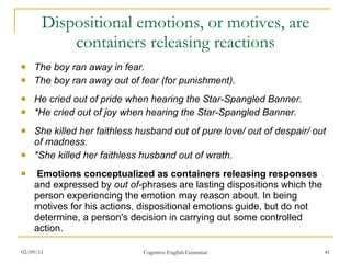 Dispositional emotions, or motives, are containers releasing reactions The boy ran away in fear. The boy ran away out of fear (for punishment). He cried out of pride when hearing the Star-Spangled Banner. *He cried out of joy when hearing the Star-Spangled Banner. She killed her faithless husband out of pure love/ out of despair/ out of madness. *She killed her faithless husband out of wrath.   Emotions conceptualized as containers releasing responses  and expressed by  out of- phrases are lasting dispositions which the person experiencing the emotion may reason about. In being motives for his actions, dispositional emotions guide, but do not determine, a person's decision in carrying out some controlled action. 02/09/11 Cognitive English Grammar 