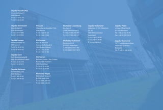 Cegeka Hasselt (HQ)
Universiteitslaan 9
3500 Hasselt
T +32 11 24 02 34
F +32 11 23 34 25
Cegeka Antwerpen
Noorderlaan 87
2030 Antwerpen
T +32 3 54 54 900
F +32 3 54 54 909
Cegeka Leuven
Interleuvenlaan 16
3001 Leuven
T +32 16 39 39 39
F +32 16 40 03 07
Cegeka Gent
Kortrijksesteenweg 88
9830 Sint-Martens-Latem
T +32 9 22 35 174
F +32 9 23 34 573
Cegeka Wetteren
Honderdweg 21B
9230 Wetteren
T +32 9 365 45 45
F +32 9 369 49 59
NSI Luik
Chaussée de Bruxelles 174A
4340 Awans
T +32 4 239 91 50
F +32 4 246 13 08
NSI Brussel
Parc de l’Alliance
Avenue de Finlande 8
1420 Braine-l’Alleud
T +32 2 333 20 30
F +32 2 332 31 90
NSI Namen
Business Center - Parc Créalys
Rue Camille Hubert 5
5032 Gembloux
T +32 81 55 93 00
F +32 81 55 93 09
Multidata België
Malmedyer Strasse 1
B-4780 Sankt-Vith
T +32 (0)80 280 910
F +32 (0)80 226 655
Multidata Luxemburg
Am Hock 2
L-9991 Weiswampach
T +352 27 000 240 700
F +352 27 000 240 727
Multidata Duitsland
Kaiserstraße 22
D-83022 Rosenheim
T +49 (0)8031 901 180
F +49 (0)8031 901 1879
Cegeka Nederland
Gildetrom 27-33 / Gildetrom
35 - 45
3905 TB Veenendaal
Nederland
T +31 318 41 00 00
F +31 318 41 09 99
W www.cegeka.nl
Cegeka Polen
ul. Jana Olbrachta 94
01-102 Warszawa
Tel : +48 22 532 58 40
Fax : +48 22 532 58 50
Cegeka Roemenië
15-17 Ion Mihalache Blvd,
Floors 4-5-6, Sector 1
Boekarest
Tel.: T +40 21 336 20 65
 