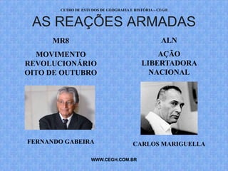 CETRO DE ESTUDOS DE GEOGRAFIA E HISTÓRIA – CEGH


 AS REAÇÕES ARMADAS
      MR8                                          ALN
  MOVIMENTO                                   AÇÃO
REVOLUCIONÁRIO                            LIBERTADORA
OITO DE OUTUBRO                             NACIONAL




FERNANDO GABEIRA                      CARLOS MARIGUELLA

                    WWW.CEGH.COM.BR
 