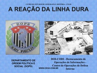 CETRO DE ESTUDOS DE GEOGRAFIA E HISTÓRIA – CEGH


A REAÇÃO DA LINHA DURA




                               DOI-CODI - Destacamento de
DEPARTAMENTO DE
ORDEM POLÍTICA E                 Operações de Informações -
  SOCIAL (DOPS)                 Centro de Operações de Defesa
                      WWW.CEGH.COM.BR      Interna
 