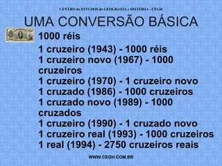 CENTRO de ESTUDOS de GEOGRAFIA e HISTÓRIA - CEGH



UMA CONVERSÃO BÁSICA
 1000 réis
 1 cruzeiro (1943) - 1000 réis
 1 cruzeiro novo (1967) - 1000
 cruzeiros
 1 cruzeiro (1970) - 1 cruzeiro novo
 1 cruzado (1986) - 1000 cruzeiros
 1 cruzado novo (1989) - 1000
 cruzados
 1 cruzeiro (1990) - 1 cruzado novo
 1 cruzeiro real (1993) - 1000 cruzeiros
 1 real (1994) - 2750 cruzeiros reais
                  WWW.CEGH.COM.BR
 