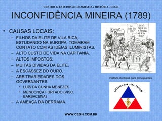 PROF. VAGNER MORAES - HISTÓRIA 
INCONFIDÊNCIA MINEIRA (1789) 
WWW.PROFVAGNER.COM.BR 
História do Brasil para principiantes 
• CAUSAS LOCAIS: 
– FILHOS DA ELITE DE VILA RICA, 
ESTUDANDO NA EUROPA, TOMARAM 
CONTATO COM AS IDÉIAS ILUMINISTAS. 
– ALTO CUSTO DE VIDA NA CAPITANIA. 
– ALTOS IMPOSTOS. 
– MUITAS DÍVIDAS DA ELITE. 
– A ESCASSEZ DO OURO. 
– ARBITRARIEDADES DOS 
GOVERNANTES: 
• LUÍS DA CUNHA MENEZES 
• MENDONÇA FURTADO (VISC. 
BARBACENA) 
– A AMEAÇA DA DERRAMA. 
 
