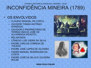 PROF. VAGNER MORAES - HISTÓRIA 
INCONFIDÊNCIA MINEIRA (1789) 
• OS ENVOLVIDOS 
– ADVOGADO CLÁUDIO MANUEL DA 
COSTA. 
– OUVIDOR TOMÁS ANTÔNIO 
GONZAGA. 
– OUVIDOR E PROPRIETÁRIO DE 
TERRAS INÁCIO JOSÉ DE 
ALVARENGA PEIXOTO. 
– CÔNEGO LUÍS VIEIRA DA SILVA 
– PADRE CARLOS CORREIA DE 
TOLEDO 
– PADRE JOSÉ LOPES DE OLIVEIRA 
– PADRE MANUEL RODRIGUES DA 
COSTA 
– PADRE JOSÉ DA SILVA E OLIVEIRA 
ROLIM 
– ALFERES JOAQUIM JOSÉ DA SILVA 
XAVIER. 
WWW.PROFVAGNER.COM.BR 
 