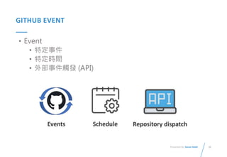 20
Presented By: Duran Hsieh
GITHUB EVENT
• Event
• 特定事件
• 特定時間
• 外部事件觸發 (API)
 