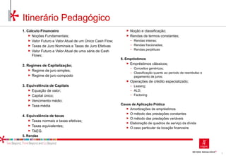 3
Itinerário Pedagógico
1. Cálculo Financeiro
► Noções Fundamentais;
► Valor Futuro e Valor Atual de um Único Cash Flow;
► Taxas de Juro Nominais e Taxas de Juro Efetivas
► Valor Futuro e Valor Atual de uma série de Cash
Flows;
2. Regimes de Capitalização;
► Regime de juro simples;
► Regime de juro composto
3. Equivalência de Capitais
► Equação de valor;
► Capital único;
► Vencimento médio;
► Taxa média
4. Equivalência de taxas
► Taxas normais e taxas efetivas;
► Taxas equivalentes;
► TAEG.
5. Rendas
► Noção e classificação;
► Rendas de termos constantes;
‒ Rendas inteiras;
‒ Rendas fracionadas;
‒ Rendas perpétuas
6. Empréstimos
► Empréstimos clássicos;
‒ Conceitos genéricos;
‒ Classificação quanto ao período de reembolso e
pagamento de juros;
► Operações de crédito especializado;
‒ Leasing;
‒ ALD;
‒ Factoring
Casos de Aplicação Prática
► Amortizações de empréstimos
► O método das prestações constantes
► O método das prestações variáveis
► Elaboração de quadros de serviço da dívida
► O caso particular da locação financeira
 