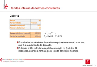 56
Rendas inteiras de termos constantes
Caso 13
Renda 50
Periodicidade Mensal
Taxa efetiva anual 10%
Número de termos 12
Taxa equivalente mensal 0,797% i’ = (1+ i)
1/n
- 1
Capital acumulado 627,03 Cn = R x ( (1 + i) n
-1) / i
Primeiro temos de determinar a taxa equivalente mensal, uma vez
que é a regularidade do depósito.
E depois então calcular o capital acumulado no final dos 12
depósitos, usando a fórmula geral (renda constante normal).
 
