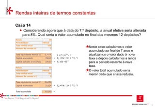 57
Rendas inteiras de termos constantes
Caso 14
► Considerando agora que à data do 7.º depósito, a anual efetiva seria alterada
para 8%. Qual seria o valor acumulado no final dos mesmos 12 depósitos?
Renda 50
Periodicidade Mensal
Taxa efetiva anual 10%
Número de termos (n) 7
Taxa equivalente mensal (i) 0,797% i’ = (1+ i)
1/n
- 1
Capital acumulado 358,49 + Cn = R x ( (1 + i) n
-1) / i
Capital aplicado à nova taxa 370,17 + C7 x (1 + i') n'
Renda 50
Periodicidade Mensal
Taxa efetiva anual 8%
Número de termos (n') 5
Taxa equivalente mensal (i') 0,643%
Capital acumulado 253,24 + Cn = R x ( (1 + i) n
-1) / i
Total acumulado 623,40 =
Neste caso calculamos o valor
acumulado ao final de 7 anos e
atualizamos o valor dado à nova
taxa e depois calculamos a renda
para o período restante à nova
taxa.
O valor total acumulado seria
menor dado que a taxa reduziu.
 