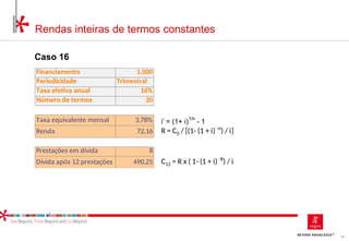60
Rendas inteiras de termos constantes
Caso 16
Financiamento 1.000
Periodicidade Trimestral
Taxa efetiva anual 16%
Número de termos 20
Taxa equivalente mensal 3,78% i’ = (1+ i)
1/n
- 1
Renda 72,16 R = C0 / [(1- (1 + i) -n
) / i]
Prestações em dívida 8
Dívida após 12 prestações 490,25 C12 = R x ( 1- (1 + i) -8
) / i
 