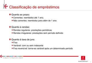 74
Quanto ao prazo:
►Correntes: reembolso até 1 ano;
►Não correntes: reembolso para além de 1 ano
Quanto à rendas:
►Rendas regulares: prestações periódicas
►Rendas irregulares: prestações sem período definido
Quanto à taxa de juro:
►Fixa
►Variável: com ou sem indexante
►Fixa reversível: torna-se variável após um determinado período
Classificação de empréstimos
 