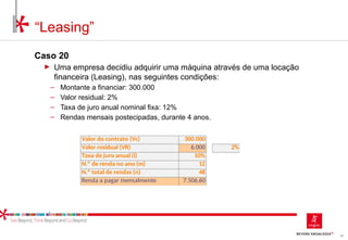 80
Caso 20
► Uma empresa decidiu adquirir uma máquina através de uma locação
financeira (Leasing), nas seguintes condições:
‒ Montante a financiar: 300.000
‒ Valor residual: 2%
‒ Taxa de juro anual nominal fixa: 12%
‒ Rendas mensais postecipadas, durante 4 anos.
“Leasing”
Valor do contrato (Vc) 300.000
Valor residual (VR) 6.000 2%
Taxa de juro anual (i) 10%
N.º de renda no ano (m) 12
N.º total de rendas (n) 48
Renda a pagar mensalmente 7.506,60
 