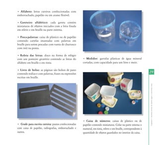 29 
Capítulo I - Inclusão escolar de alunos cegos e com baixa visão 
• Alfabeto: letras cursivas confeccionadas com 
emborrachado, papelão ou em arame flexível. 
• Gaveteiro alfabético: cada gaveta contém 
miniaturas de objetos iniciados com a letra fixada 
em relevo e em braille na parte externa. 
• Pesca-palavras: caixa de plástico ou de papelão 
contendo cartelas imantadas com palavras em 
braille para serem pescadas com vareta de churrasco 
com imã na ponta. 
• Roleta das letras: disco na forma de relógio 
com um ponteiro giratório contendo as letras do 
alfabeto em braille e em tinta. 
• Livro de bolso: as páginas são bolsos de pano 
contendo reálias e com palavras, frases ou expressões 
escritas em braille. 
• Grade para escrita cursiva: pautas confeccionadas 
com caixa de papelão, radiografias, emborrachado e 
outros. 
• Medidor: garrafas plásticas de água mineral 
cortadas, com capacidade para um litro e meio. 
• Caixa de números: caixas de plástico ou de 
papelão contendo miniaturas. Colar na parte externa o 
numeral, em tinta, relevo e em braille, correspondente à 
quantidade de objetos guardados no interior da caixa. 
 